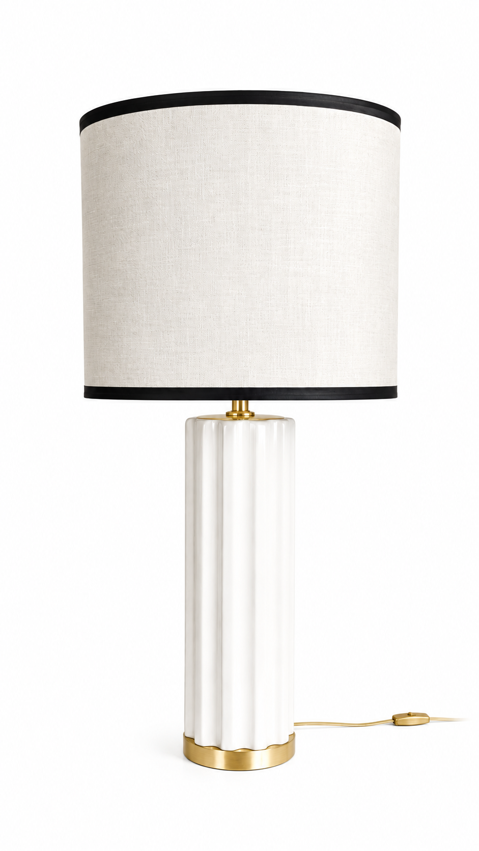 Candeeiro de Mesa Branco Canelado e detalhes dourados